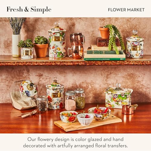 MACKENZIE-CHILDS Enamel Canister, Large, White Butterfly Garden | Hand-applied design, made from enameled steel, versatile kitchen storage container for flour and sugar, 64-ounce capacity