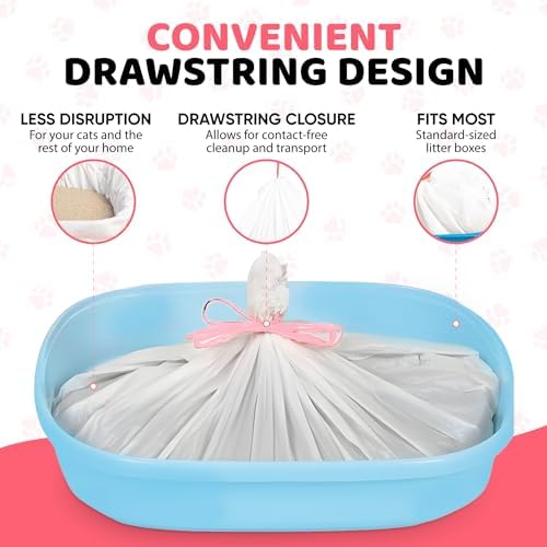 Cat Litter Box Liners 30 Count Drawstring Kitten Waste Bag | leak proof, heavy duty, scratch resistant, litter tray liner, kitty clean up