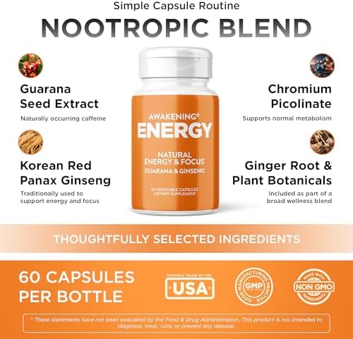 Awakening Natural Energy & Focus Supplement with Panax Ginseng, Guarana Extract & Chromium Picolinate | Brain Supplement for Focus, Energy