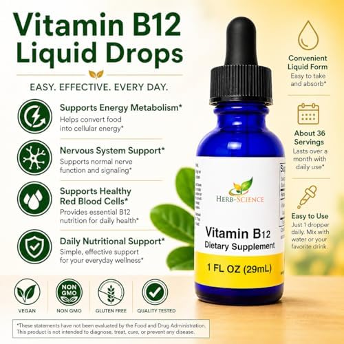 Liquid Vitamin B12 – Cold-Pressed, High Absorption, Vegan, Alcohol-Free, Sublingual B12 Drops, Cyanocobalamin, No Artificial Flavors