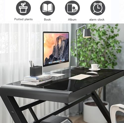 BINGTOO Glass Top Computer Desk with Metal Frame - Modern Simple Workstation for Home Office, Gaming, Writing, Study & Work, Black
