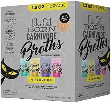 Tiki Cat Born Carnivore Broths Wet Cat Food Toppers, Variety Pack, 1.3 oz. Pouch (12 Count) | Broth with Real Animal Protein for Hydration