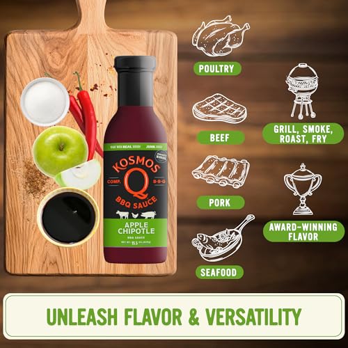 Kosmos Q Sweet Apple Chipotle BBQ Sauce, Tangy Natural Barbecue Sauce with Real Apples & Spicy Chipotle Peppers, Sweet & Spicy Glaze for Pork, Chicken, Ribs & More, Gluten Free, 15.5 Oz Bottle