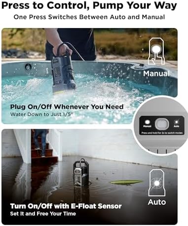 InoKraft E-Float Automatic Sump Pump with Auto/Manual Mode, Black | 1/2HP, 2500 GPH Submersible, Mesh Bag, Universal Hose Adapters