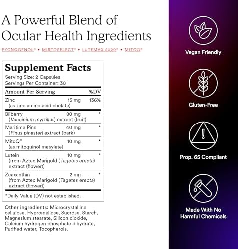 MitoQ +Eye – Eye Health Supplement with Lutein & Zeaxanthin (5:1 Ratio), Bilberry, Maritime Pine Bark, Zinc, Mitoquinol | Supports Macular Health