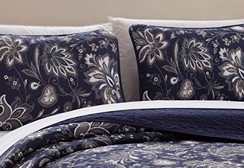 Luxury Home Collection 3 Piece Full/Queen Quilted Reversible Coverlet Bedspread Set Floral Printed Navy Blue White Gray