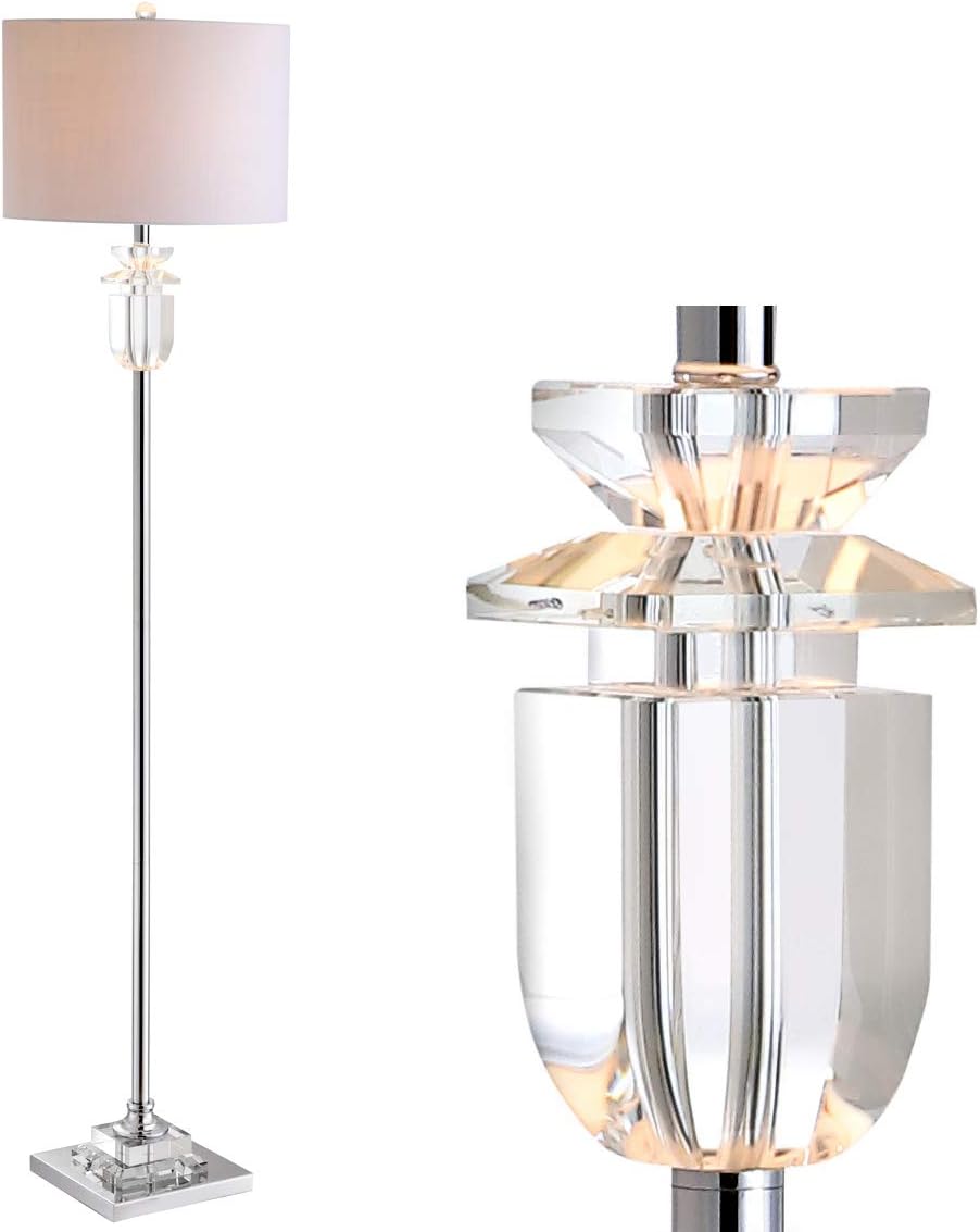 JONATHAN Y Aria 63" Faceted Crystal Metal LED Floor Lamp, Clear/Chrome | Contemporary Glam Style, White Linen Drum Shade, Rotary Switch, 72" Silk Cord