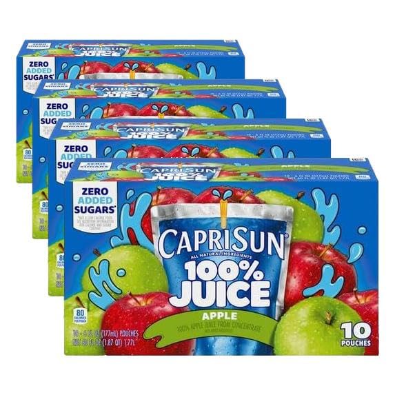 Capri Sun 100% Juice from Concentrate, 10 Pouches Apple Juice, 6 fl oz | for School Lunches and On-the-Go Hydration, All Natural Ingredients, No Artificial Colors, Flavors Or Preservatives