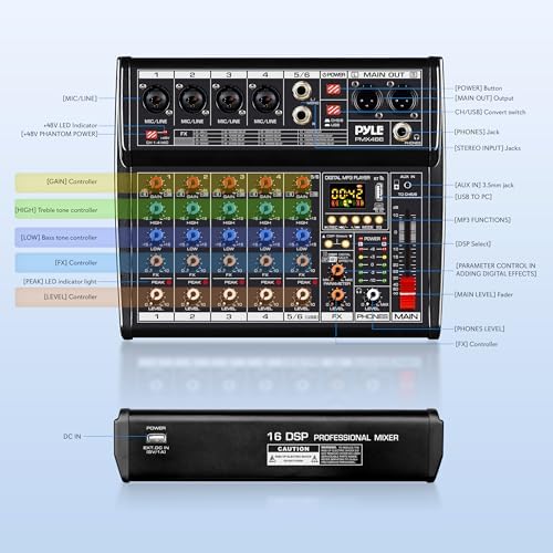 Pyle Professional Bluetooth DJ Audio Mixer - 6-Channel DJ Controller Sound Mixer w/DSP 16 Preset Effects, USB Interface, 4 XLR Mic/Line Input, AUX