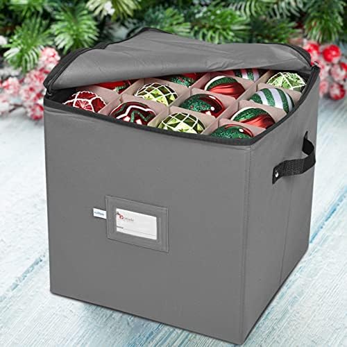 Christmas Ornament Storage Box, 4 Individual Trays Xmas Storage Container, Fits 64 Ornaments Decoration Balls, Constructed of Durable Polyester Material (Red)