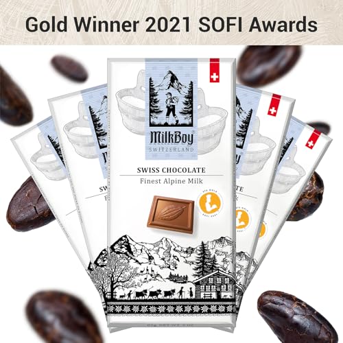 MilkBoy Swiss Chocolates Alpine Milk Chocolate Bars - 3 oz, 5 Pack | Premium gourmet treat with creamy milk. Rainforest Alliance certified cocoa. Gluten free. Kosher. Crafted in Switzerland.