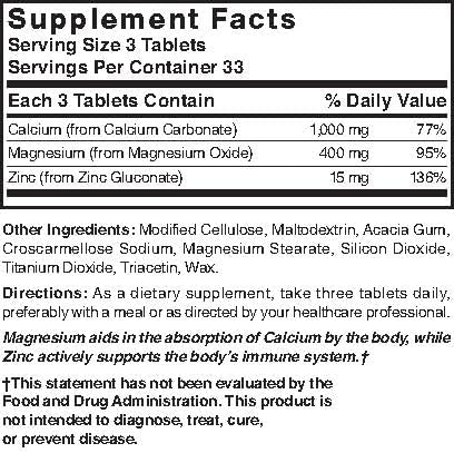 Nature's Blend Calcium Magnesium Zinc Tabs, Unflavored, 100 Count