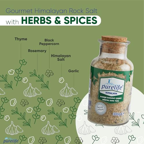 Purelife Himalayan Rock Salt with Mixed Herbs & Spices – Gourmet Kosher Natural Crystal Blend with Minerals in Glass Bottle with Ceramic Mill