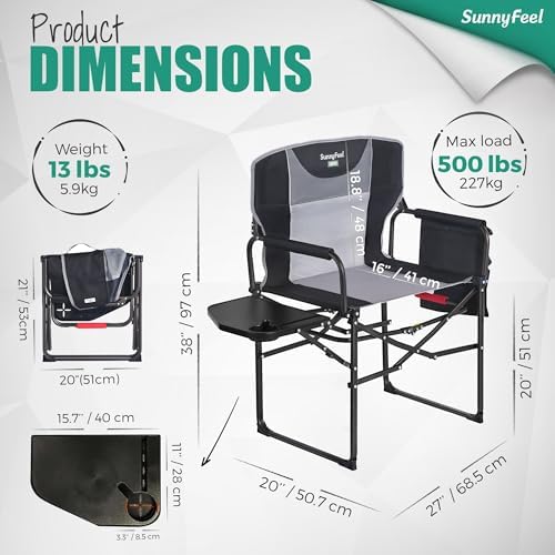 SUNNYFEEL Oversized Camping Directors Chair 500 LBS Heavy Duty, Portable Folding Chair with Side Table, Pocket for Beach, Fishing, Trip, Picnic, Lawn