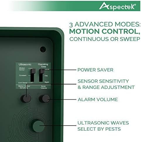 ASPECTEK Yard Sentinel Ultrasonic Animal Repeller with Strobe Light, 3 Mode Protection, Motion Sensor, Deterrent for Deer, Raccoons, Squirrels and Opossums AC and Battery Powered - 1 Pack
