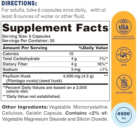 Vitamin World Psyllium Husks Capsules, 4500 mg Per Serving, 120 Capsules | Fiber Supplement for Digestive Health and Regularity, Gluten-Free,