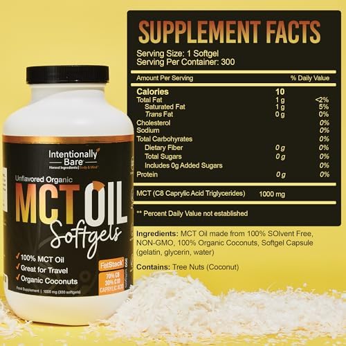 Intentionally Bare Organic MCT Oil Capsules - C8 & C10 Soft gels- 300 ct | Organic C8/C10 MCT oil pills, from 100% pure coconuts