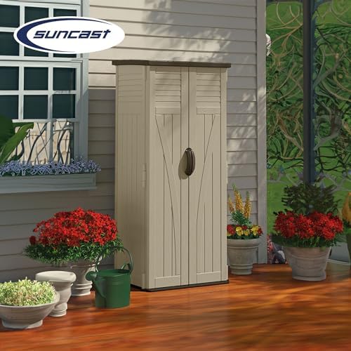 Suncast Vertical Shed, Compact Outdoor Storage System, 22 Cu. Ft. Capacity, Sand & Mustang - Lockable Multi-Wall Resin Organizer for Long-Handle Tools
