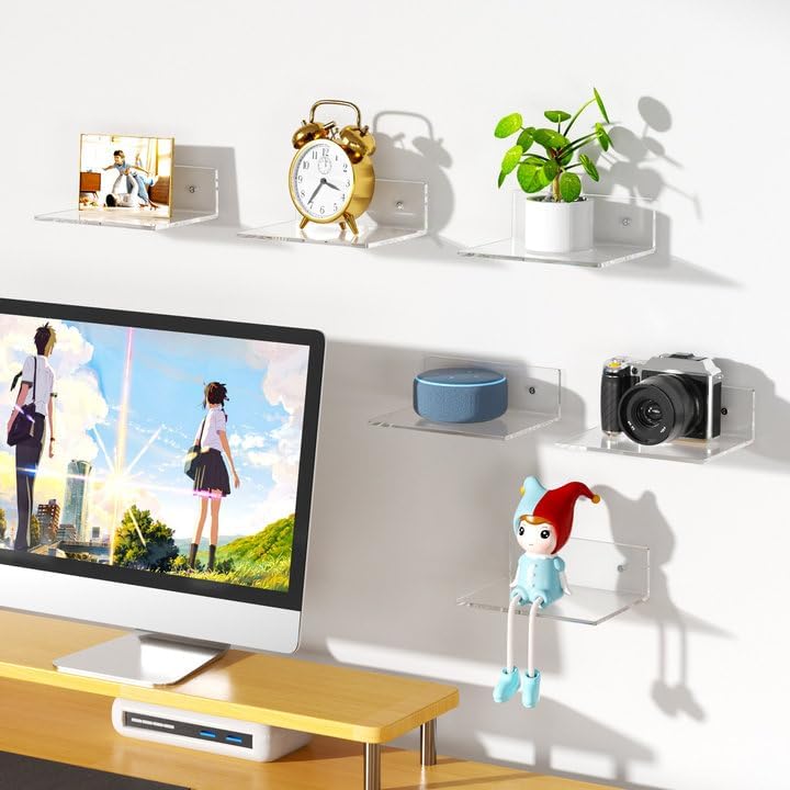 FEMELI 2 PCS 12" Acrylic Floating Shelves, Clear Shelf for Wall Display