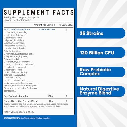 Probiotics 120 Billion CFU, Probiotics for Men & Women, Prebiotics + Digestive Enzymes, Highest Potency, 3-in-1 Complete Probiotic, 30 Capsules