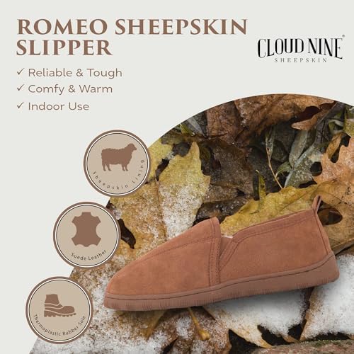 Cloud Nine Men's Romeo Sheepskin Slippers with Suede Upper | 100% sheepskin lining, suede leather, TPR sole, slip-on design, breathable warmth, indoor/outdoor versatility