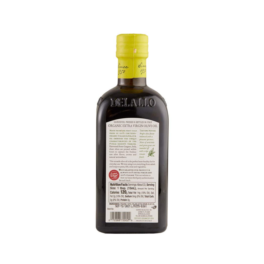 DeLallo Organic Extra Virgin Olive Oil, Imported from Italy, Gourmet Oil for Dipping and Drizzling, Made With First Cold Pressing of Olives