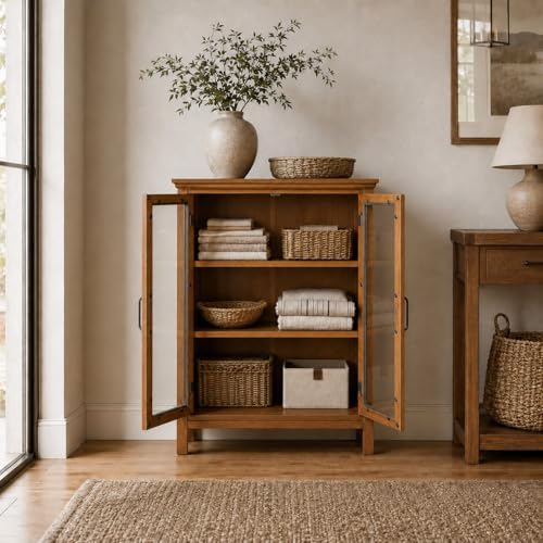 Teamson Home Avery Wooden Freestanding Floor Cabinet with 2 Adjustable Shelves 3 Storage Spaces 2 Glass Paneled Doors and 2 Antique Brass Knobs