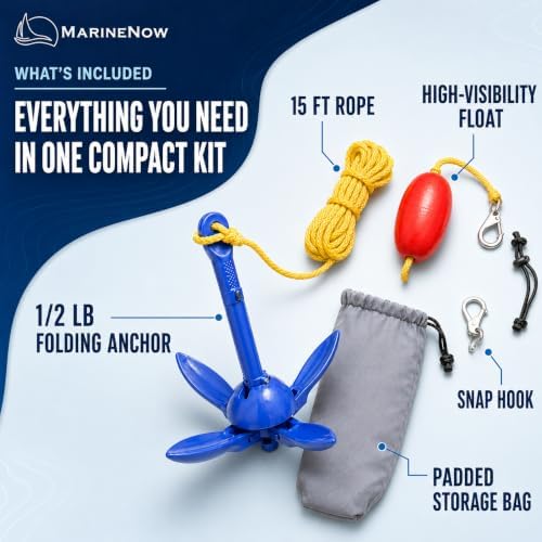 1/2 lb Aluminum Folding Grapnel Anchor Kit with 15 ft Marine-Grade Rope, Float, Snap Hook & Padded Bag for Inflatable Boats, Canoes, & Float Tubes