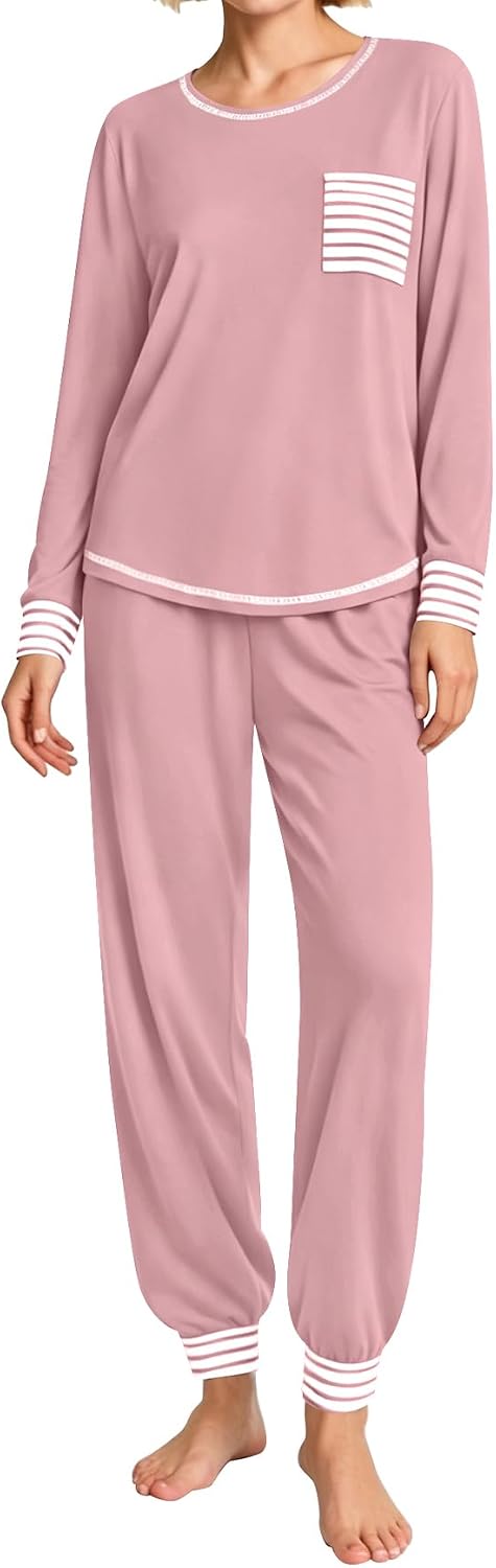 SWOMOG Women’s Pajamas Set Long Sleeve Sleepwear with Long Pants Soft Modal Loungewear Pj Set