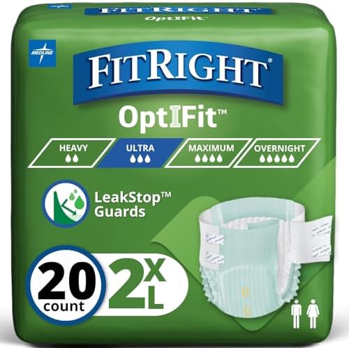FitRight Ultra Adult Diapers, Disposable Incontinence Briefs, Leak-Proof Diaper, Absorbent Briefs for Men and Women, Maximum Protection, 2XL, 60 – 70 in, 20 Briefs per Bag