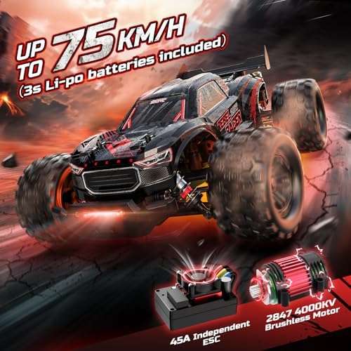 DEERC Fast Brushless RC Car for Adults, 1/14 4WD Off-Road Remote Control Car Truck, 46+ MPH Waterproof All Terrain RC Truggy with 2X 3S LiPo Batteries