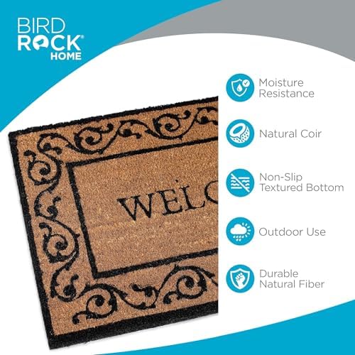 BIRDROCK HOME Welcome Coir Doormat with Scroll Border | 18 x 30 Inch | Standard Welcome Mat with Black Decorative Border | Natural Fade | Vinyl