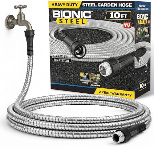 BIONIC STEEL 50 Ft Metal Garden Hose with Sprayer Nozzle | Non Kinking Design, Stainless Steel Heavy Duty Water Hose 50Ft x 5/8 in. Flexible & NON Expandable for Water Flow, 500 PSI