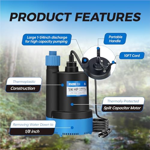 1/4 HP Submersible Water Pump 1800GPH Small Sump Pump Thermoplastic Electric Portable Transfer Utility Pump Clean for Swimming Pool Basement Garden