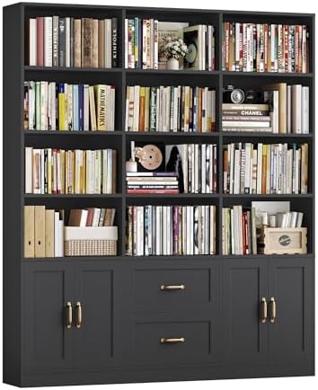 HOSTACK 71" Tall Triple Wide Bookshelf with Storage Drawers & Doors, Green | Large Bookcase with Cabinet, Modern 6-Tier Open Display Shelves, Wood Book Shelf for Living Room, Home Office