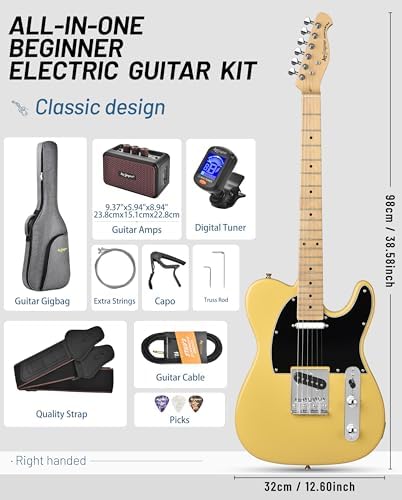 Leo Jaymz Beginner Electric Guitar Complete Kit with Portable Amp, Padded Gig Bag & Full Accessories, Maple Neck (TL-White)