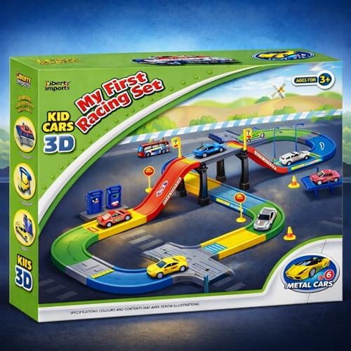 My First Speed Racing Assembly Track Builder Toy Playset - Starter Kit with 6 Diecast Cars, Accessories for Kids