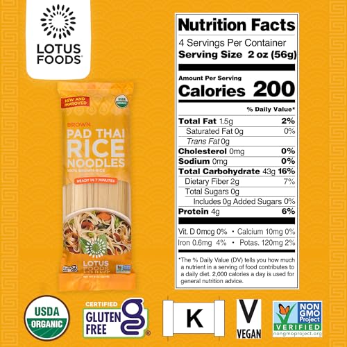 Lotus Foods Organic Brown Rice Pad Thai Noodles, Vegan - 8 Oz (Pack of 1) | Asian Style Noodles for Stir Fry, Gluten Free, Whole Grain, Non GMO