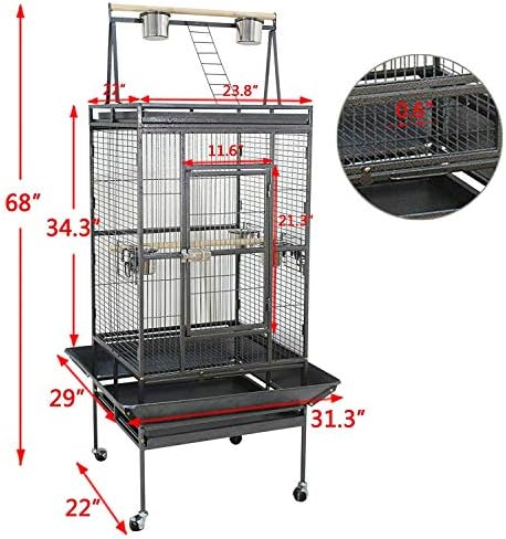 68 inch Iron Bird Cage, Play Top Parrot Cage with Rolling Stand for Parrot Cockatiels Parakeet Cage Macaw Finch Cockatoo Perch Pet House, Black