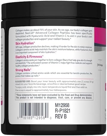 NeoCell Collagen Peptides Powder | 6.9 oz | Unflavored Supplement | with Vitamin C and Hyaluronic Acid | Advanced Formula | Hair, Skin, & Nails | for Women and Men | With Vitamin C and Hyaluronic Acid | Advanced Formula | Hair, Skin, & Nails | for Women…