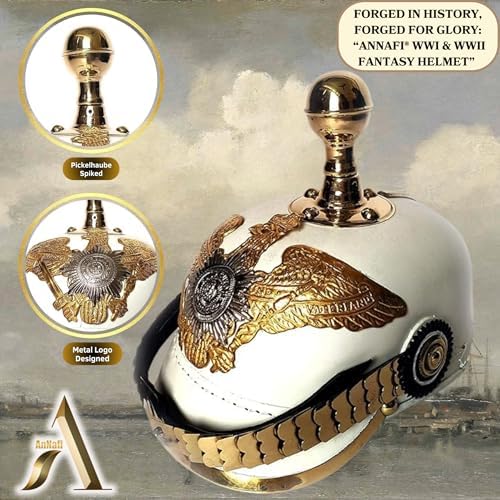 AnNafi® White German Pickelhaube Helmet | Leather Pickelhauben Imperial Prussian Helmets | Brass Military Officer Round Top Men’s Costume | WWI &