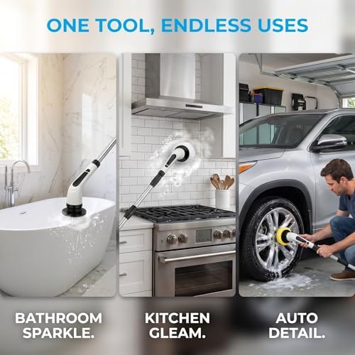 Electric Spin Scrubber - Ditch the Scrubbing! Long Handle Shower Scrubber with 9 Replaceable Heads & 2 Speed Cordless Brush in Modern White!