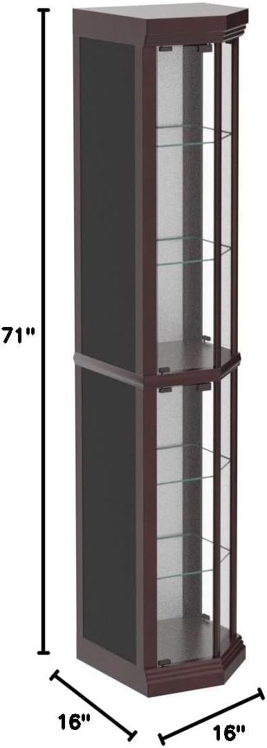 Acme Corner Curio Cabinet with 4 Glass Door with 5 Shelves. Wooden Frame & Mirrored Back, 16" L x 16" W x 71" H, Easy Assembly, Cherry Finish