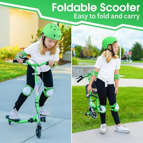 Swing Scooter for Kids, 3 Wheels Foldable Wiggle Kick Scooter Push Drifting with 4 Adjustable Handlebar & 2 Rear LED Wheel for Boys and Girls Ages 3-8