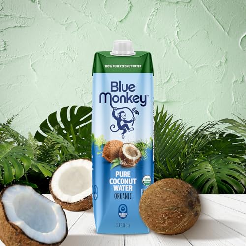Blue Monkey Organic Coconut Water - 100% Pure Coconut Water from Vietnam - No Sugar Added - USDA Organic, Non-GMO, Kosher, Halal