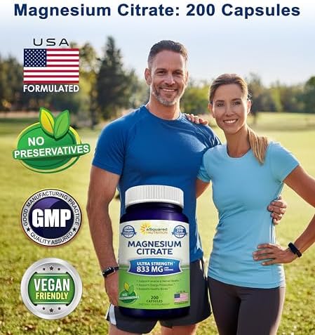 aSquared Nutrition Magnesium Citrate 833mg Supplement - 200 Capsules - Max Strength Vegan Mag Citrate Powder Pills to Support Pure Function of Muscles