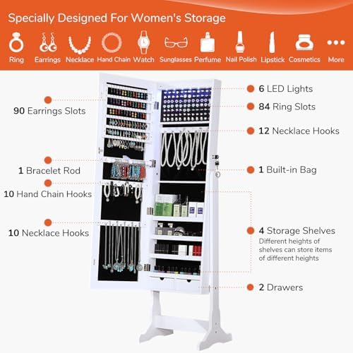 GISSAR Jewelry Organizer Full Length Mirror Jewelry Cabinet Standing/Wall/Hanging Door Jewelry Armoire Storage with Lights, Lockable, White