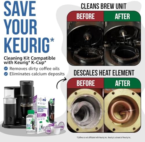 Caffenu Keurig Compatible Descaling Solution and Cleaning Pods Kit, 4 Uses | Descaler & Cleaner for Keurig