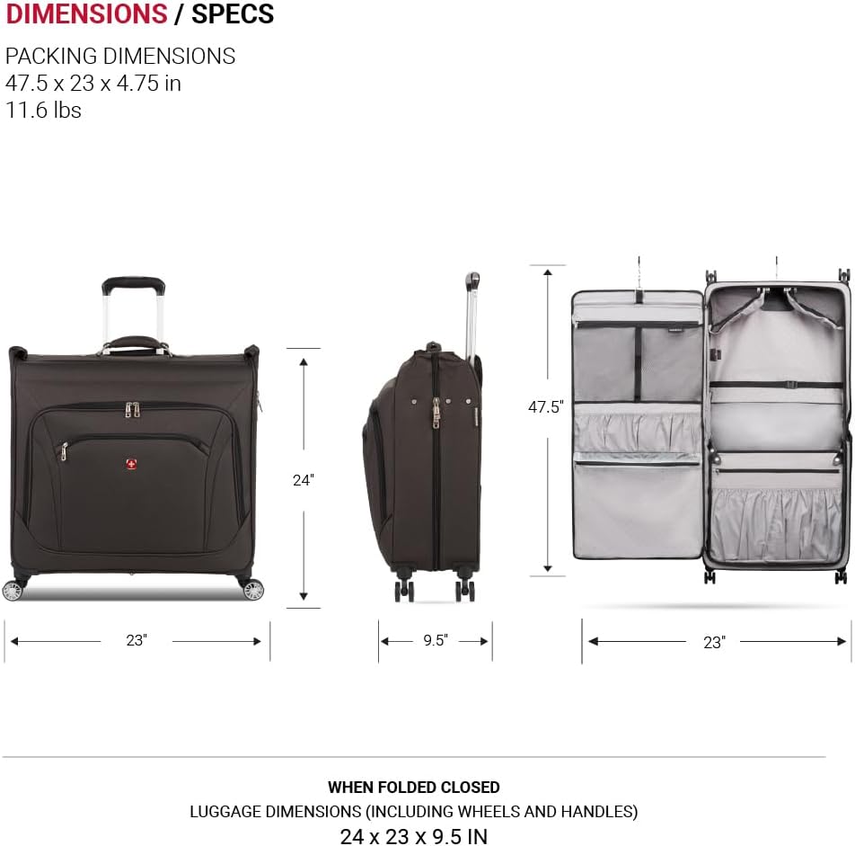 SwissGear 7895 Premium Rolling Garment Bag, Bonus Hanging Feature, Men's and Women's, 24-Inch Luggage - Black