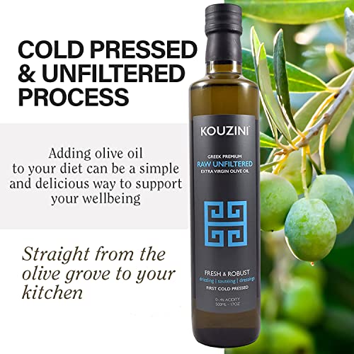 Kouzini Unfiltered Raw Extra Virgin Greek Olive Oil, Greek Extra Virgin Cold Pressed Olive Oil, Single Origin, High Polyphenols, Authentic Taste